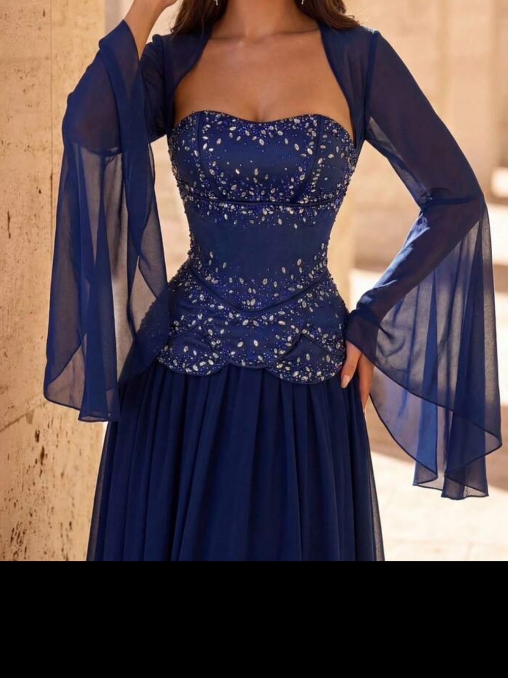 Strapless Navy Evening Dress with Embellished Bodice